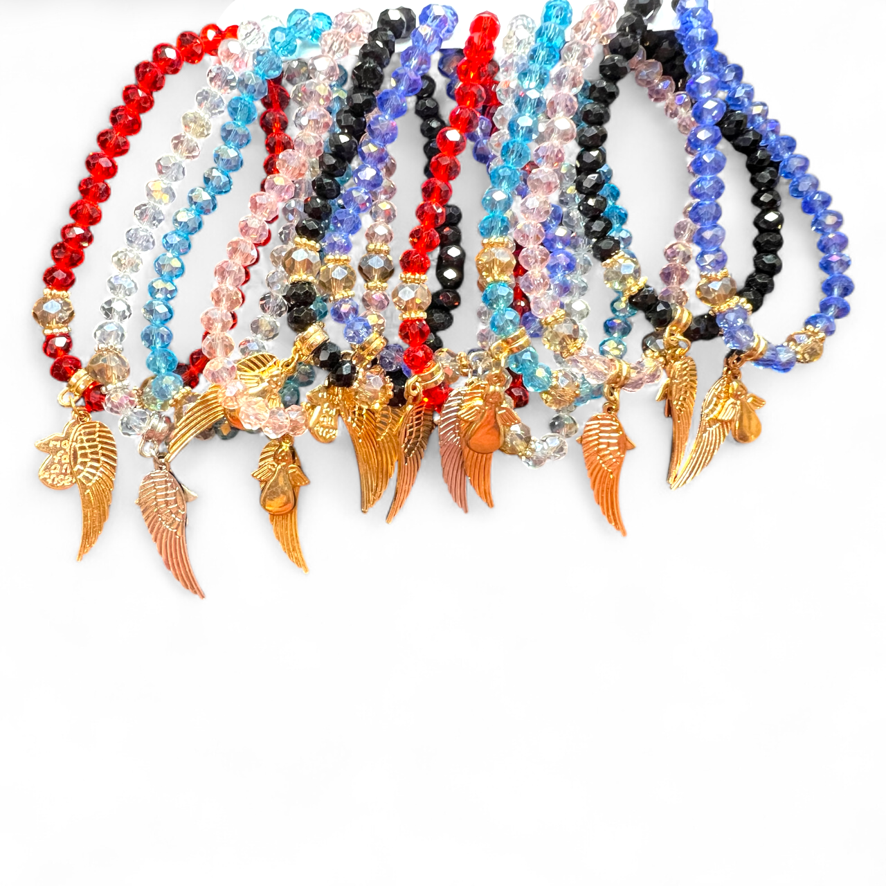 BRACELET: ASSORTED COLORED GLASS WITH GOLDEN ANGEL & WING CHARMS