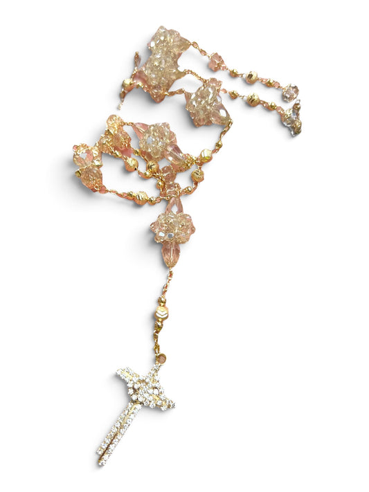 DECO GOLD ROSARY CRYSTAL BEADS RINGS ON CROSS