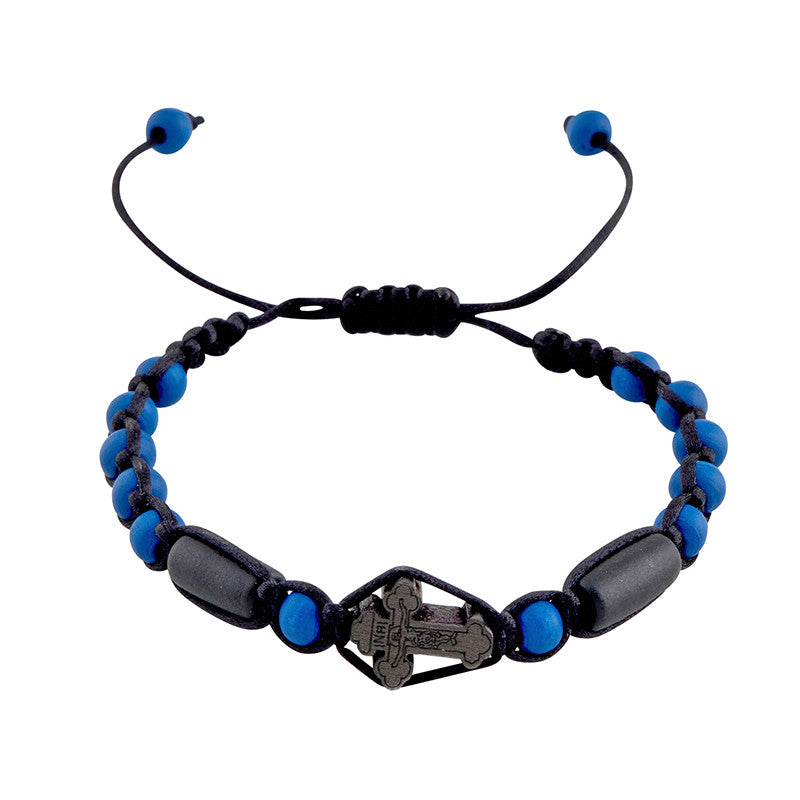 BLUE CRUCIFIX WOOD BRACELET