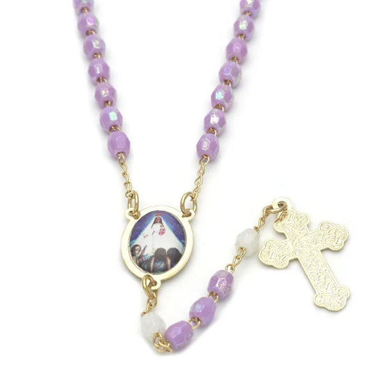 18" LAVENDER ROSARY W/ OUR LADY OF CHARITY -18k GOLD LAYERED