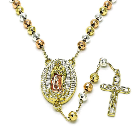 18k GOLD LAYERED LARGE MEDAL OUR LADY OF GUADALUPE ROSARY NECKLACE 20" LONG