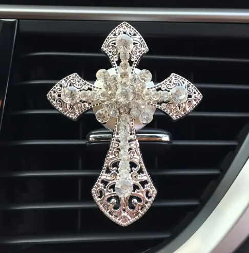 1PC CAR AIR FRESHENER, ARTIFICIAL DIAMOND CROSS JESUS VENT CLIP