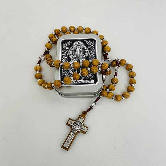 ST. BENEDICT WOODEN ROSARY IN TIN