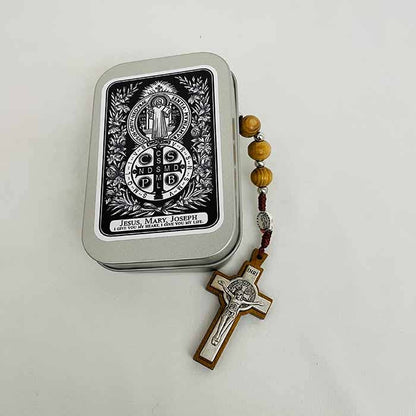 ST. BENEDICT WOODEN ROSARY IN TIN