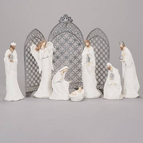 NATIVITY WHITE W/PEARL LEAF PATTERN- 7 PIECE SET