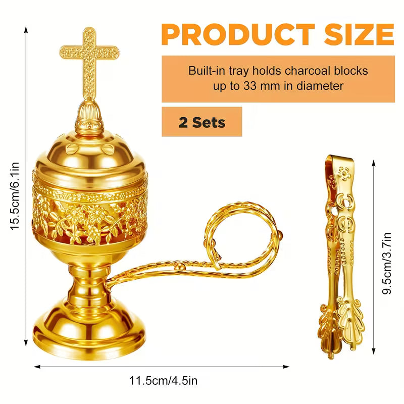 GOLDEN CHARCOAL INCENSE HOLDER W/ HANDLE & CROSS
