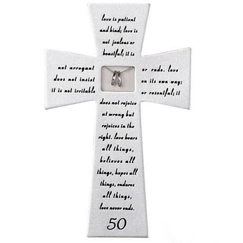 7"H 50th ANNIVERSARY WALL CROSS "LOVE NEVER FAILS"