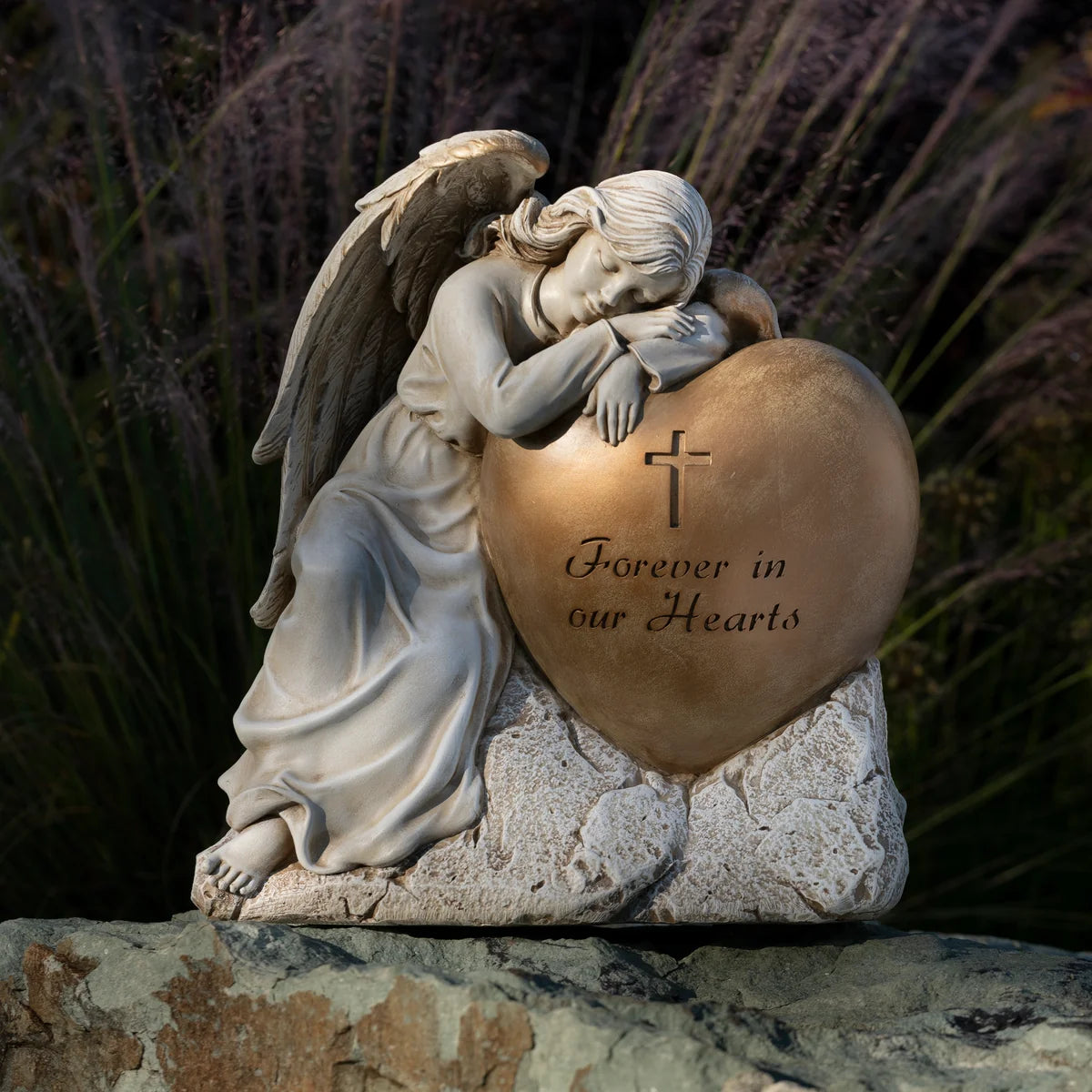 Memorial Angel with Gold Heart Garden Statue