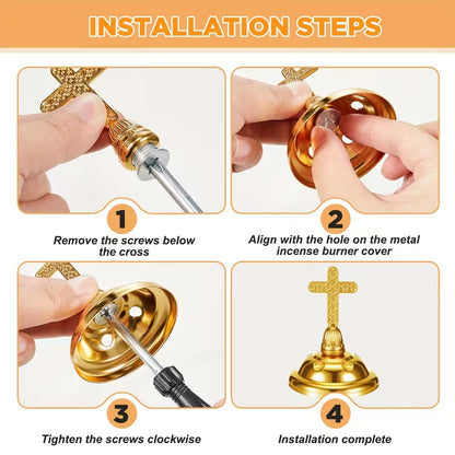 GOLDEN CHARCOAL INCENSE HOLDER W/ HANDLE & CROSS