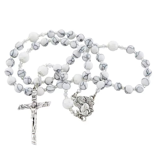 ST. MICHAEL WHITE MARBLE BEAD ROSARY