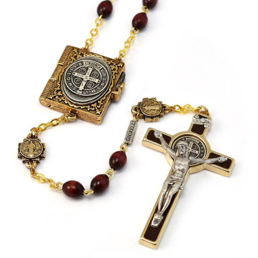 ST BENEDICT BOOKLET ROSARY W/ITALIAN WOOD BEADS & GOLD