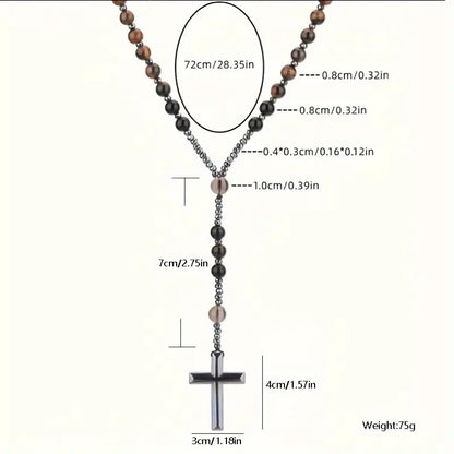 NATURAL STONE TIGER EYE ROUND BEADS HEMATITE CROSS ROSARY