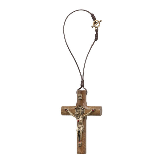 AUTO DEVOTIONAL: ST. BENEDICT WOODEN REARVIEW MIRROR CROSS