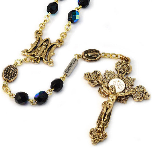 MIRACULOUS MEDAL BLUE AURORA BOREALIS CRYSTAL & GOLD ROSARY