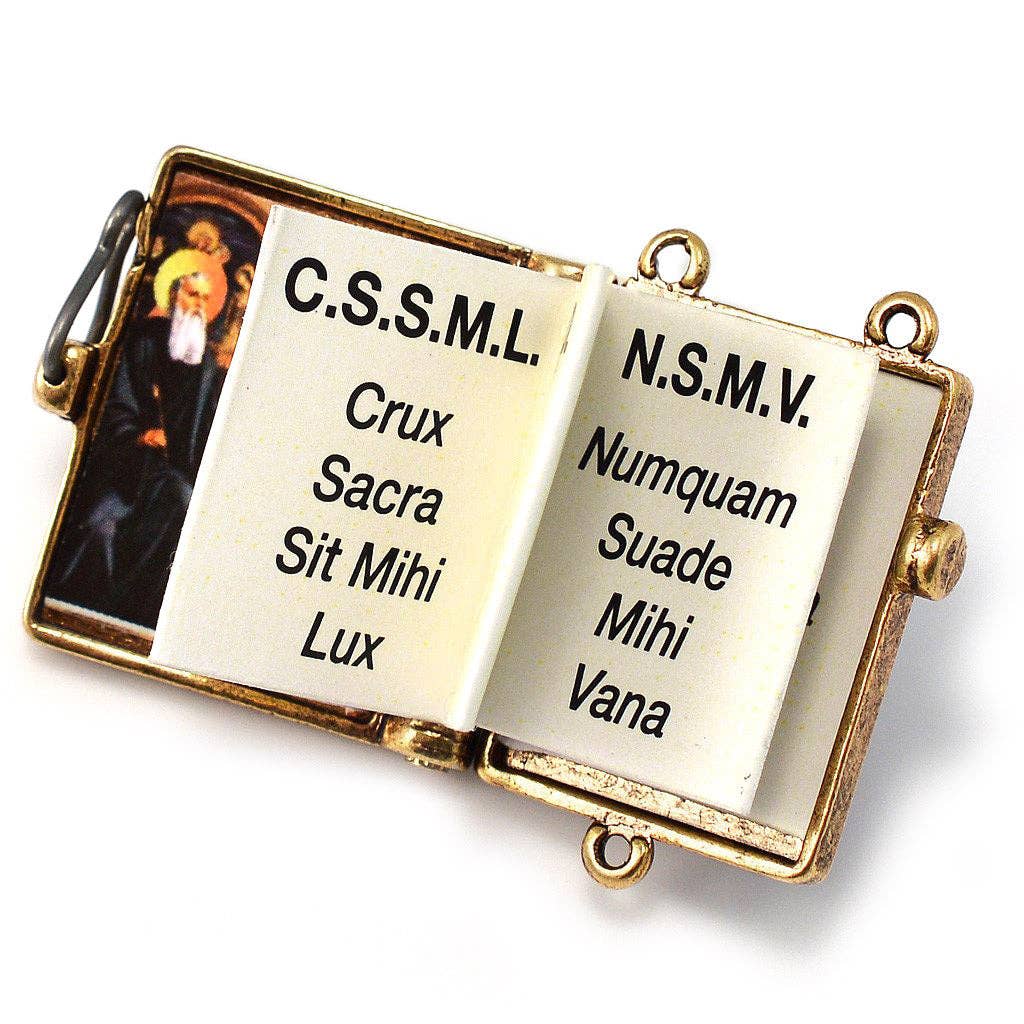ST BENEDICT BOOKLET ROSARY W/ITALIAN WOOD BEADS & GOLD