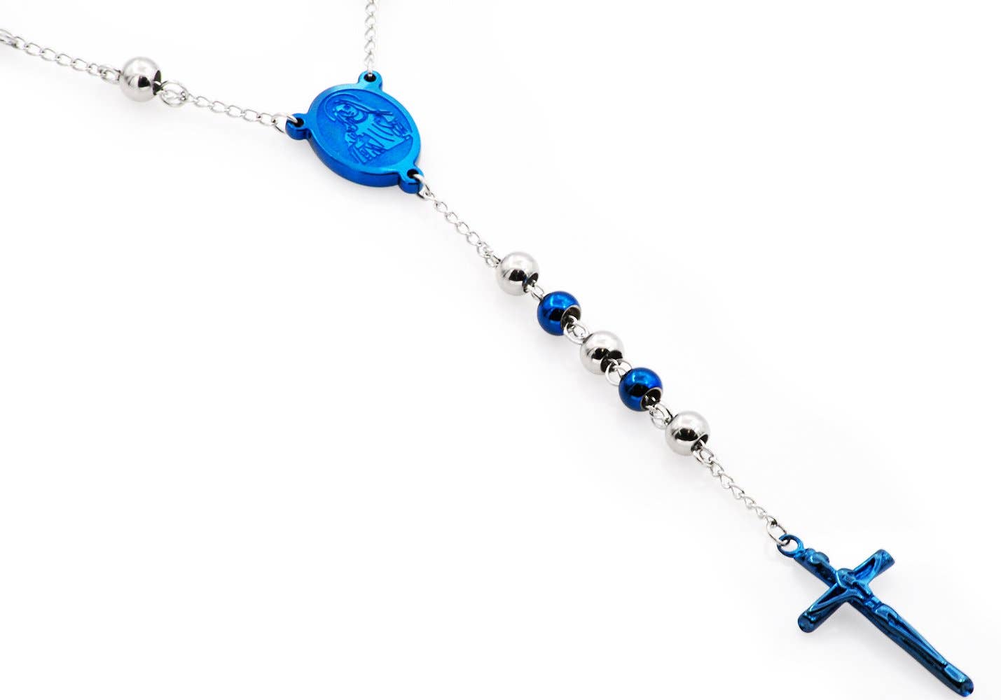 MEN'S BLUE & SILVER STAINLESS STEEL ROSARY NECKLACE