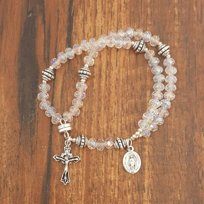 CLEAR CRYSTAL WRIST ROSARY FIVE DECADE W/AB COATING