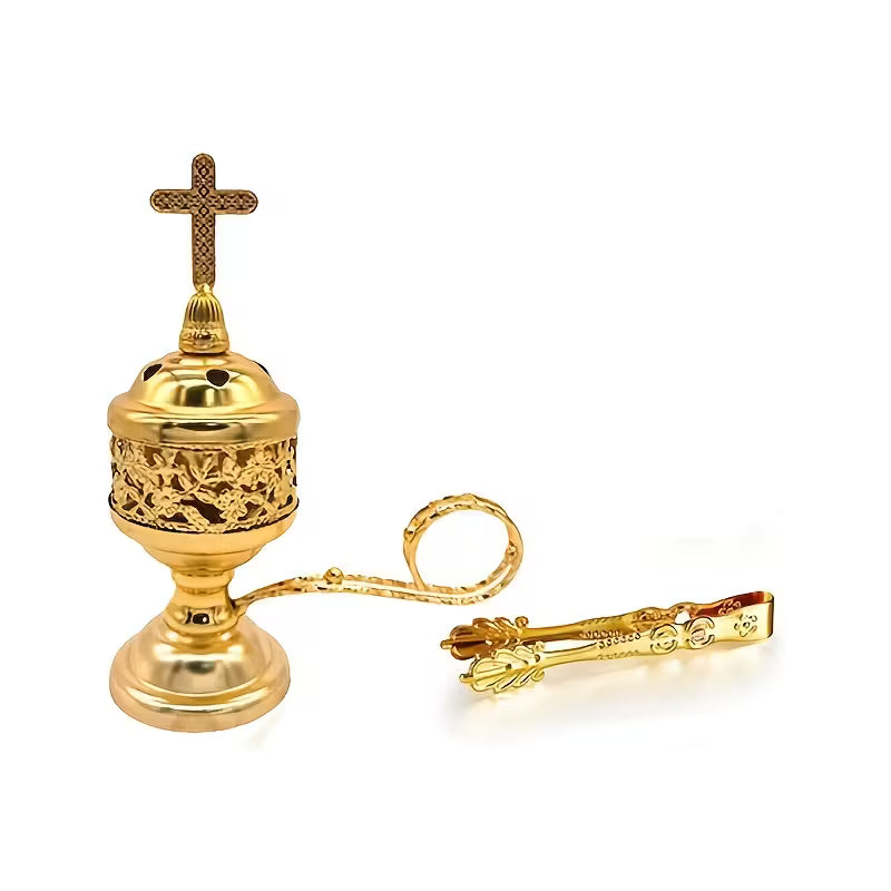 GOLDEN CHARCOAL INCENSE HOLDER W/ HANDLE & CROSS