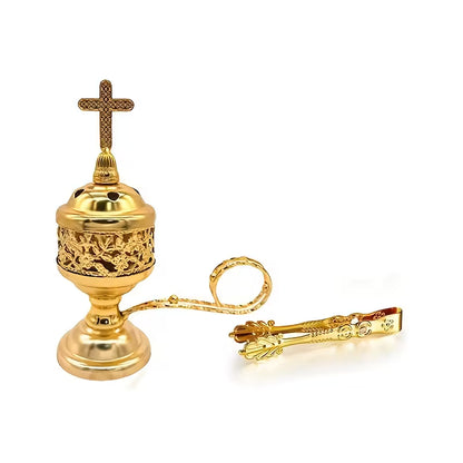 GOLDEN CHARCOAL INCENSE HOLDER W/ HANDLE & CROSS