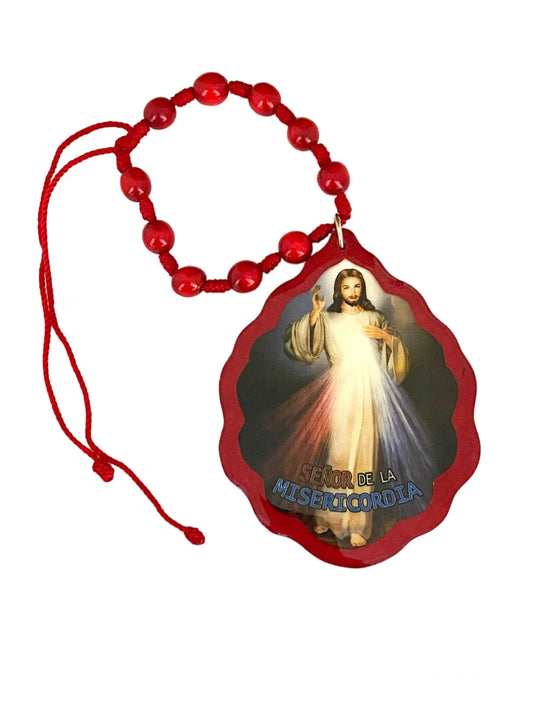 AUTO DEVOTIONAL: DIVINE MERCY RED WOODEN MEDALLION