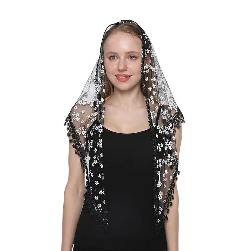 WOMEN'S LACE TRIANGLE CHAPEL VEIL W/ TASSEL -BREATHABLE