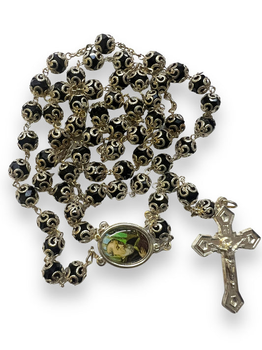 CRYSTAL CAPPED ROSARY: BLACK -ST. BENEDICT