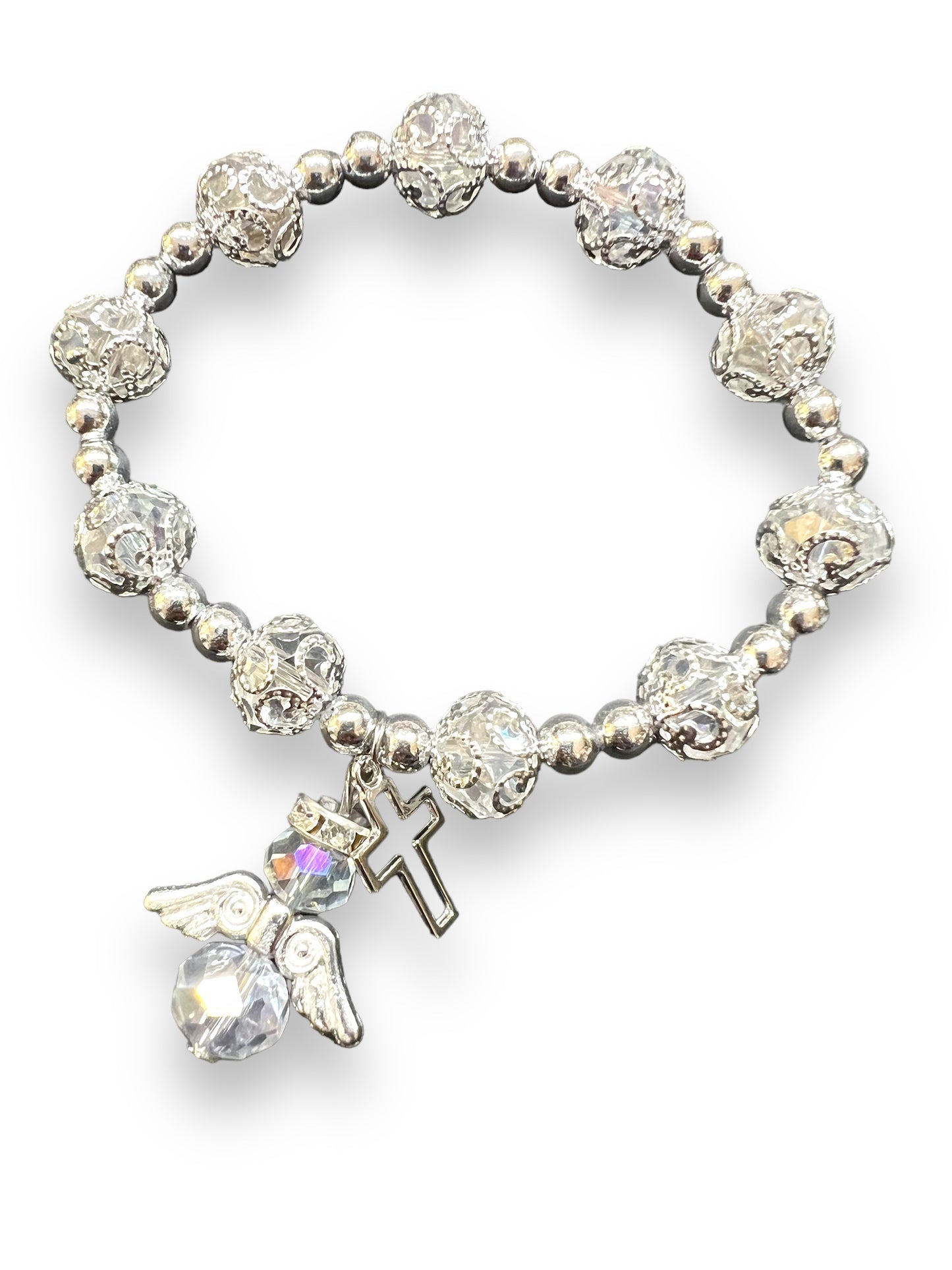 BRACELET: CAPPED GLASS WITH SILVER ANGEL & CROSS CHARMS