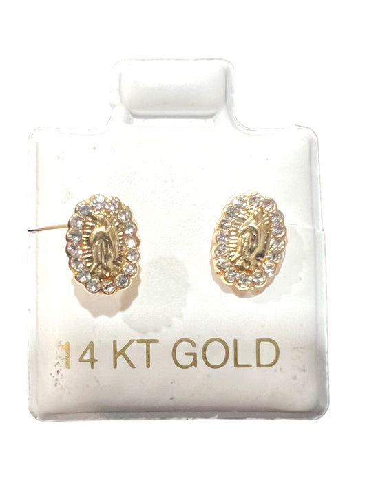 14K GOLD: OUR LADY OF GUADALUPE EARRINGS OVAL 8mm x 5mm