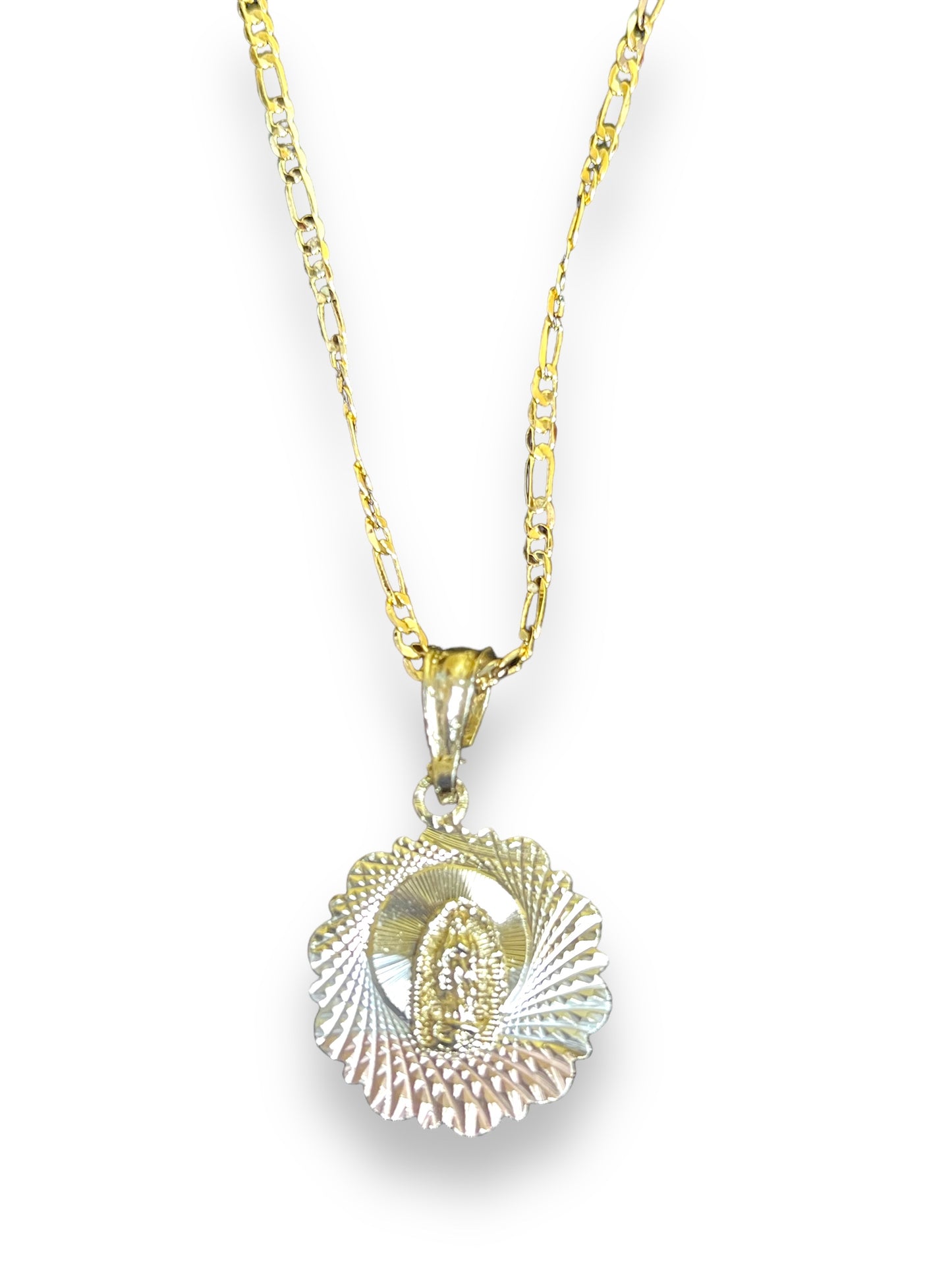 OUR LADY OF GUADALUPE MEDAL WITH CHAIN -18k TRI-COLORED GOLD LAYERED