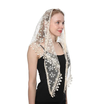 WOMEN'S LACE TRIANGLE CHAPEL VEIL W/ TASSEL -BREATHABLE