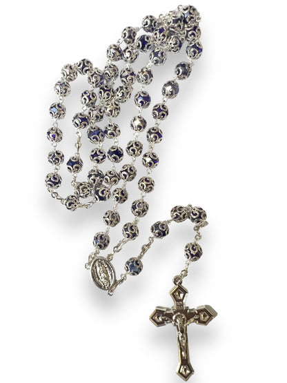 CRYSTAL CAPPED ROSARY: BLUE -OL GUADALUPE/SACRED HEART