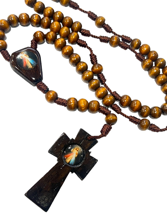 WOODEN ROSARY: DIVINE MERCY -BROWN 8MM