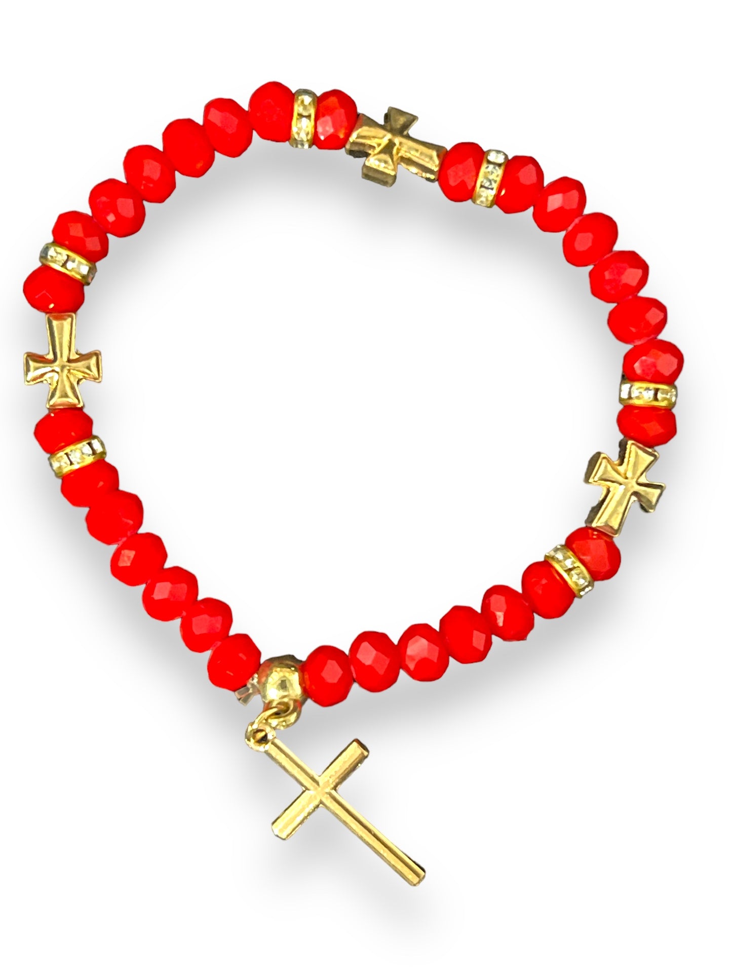 BRACELET: RED GLASS WITH GOLD CROSS