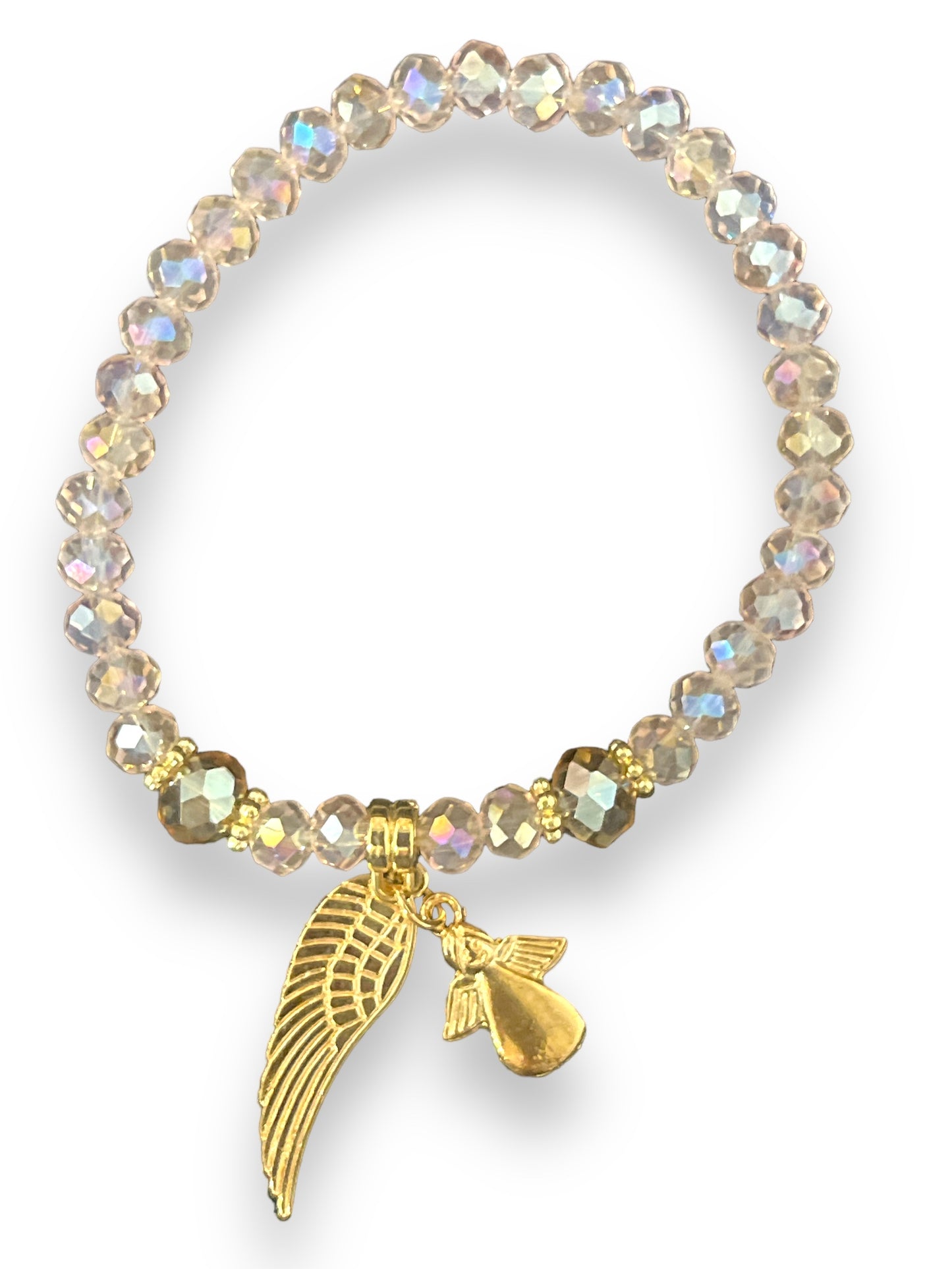 BRACELET: PINK GLASS WITH GOLDEN ANGEL & WING CHARMS