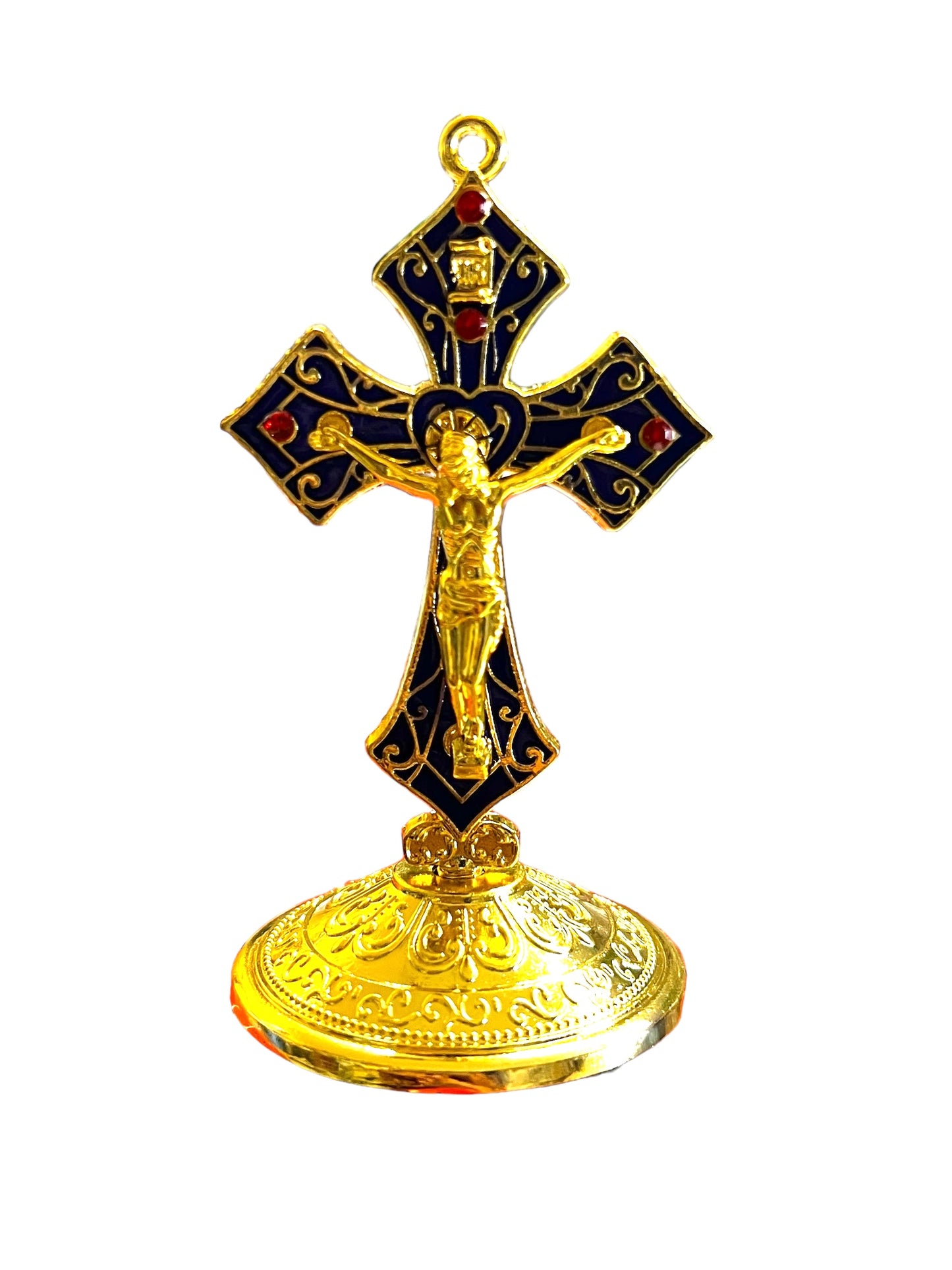 AUTO DEVOTIONAL: JEWELED GOLDEN/COLORFUL CROSS ON BASE