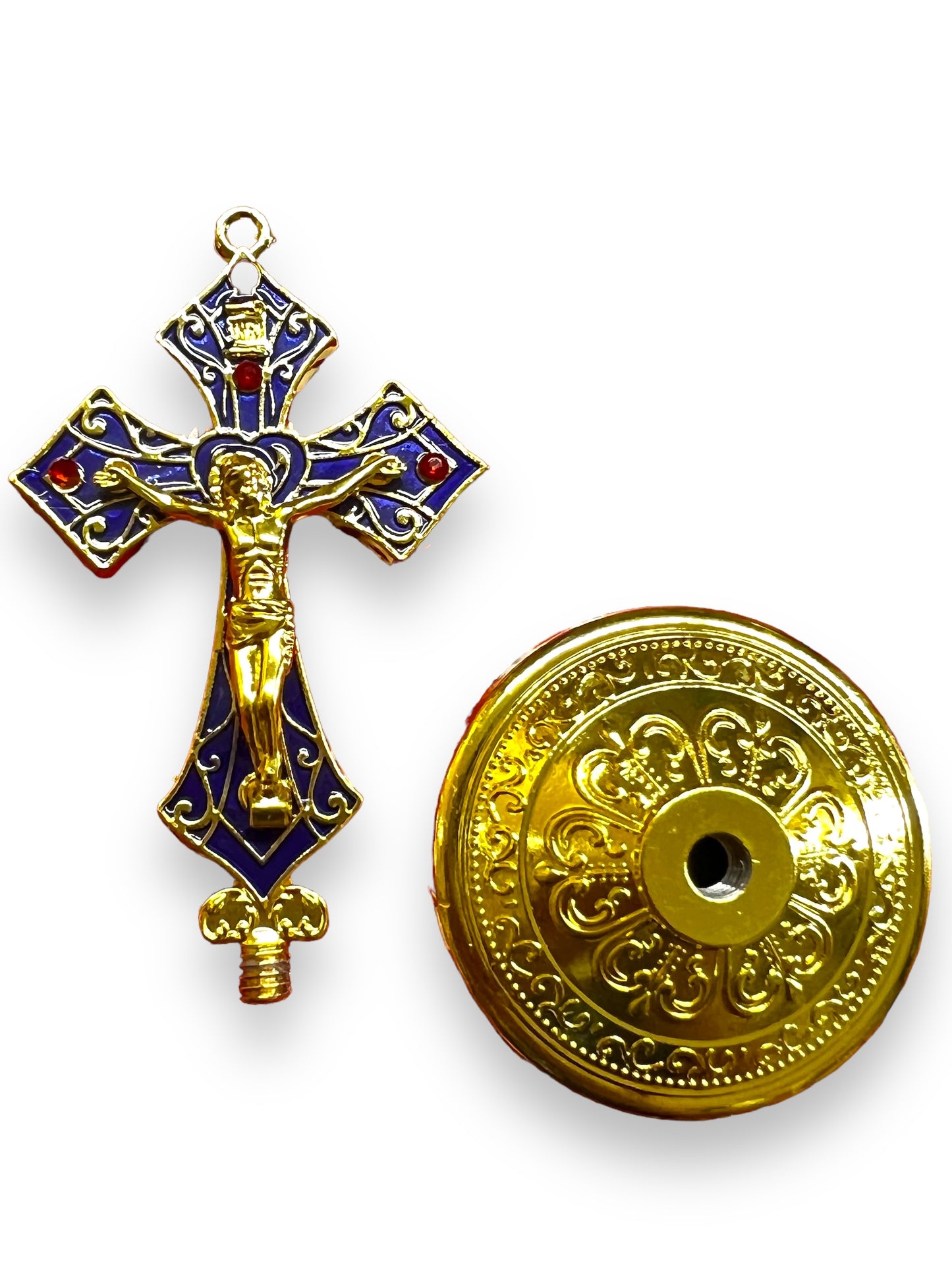 AUTO DEVOTIONAL: JEWELED GOLDEN/COLORFUL CROSS ON BASE