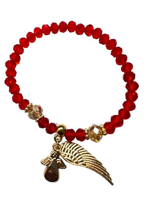 BRACELET: RED GLASS WITH GOLDEN ANGEL & WING CHARMS