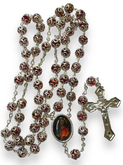 CRYSTAL CAPPED ROSARY: RED -SACRED HEART OF JESUS