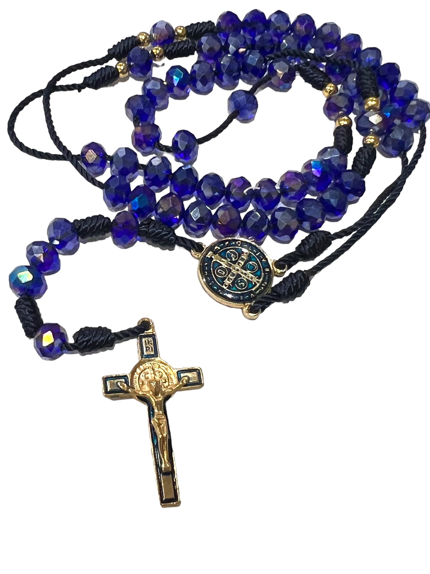 GLASS ROSARY W/ STRING: ST. BENEDICT -ROYAL BLUE