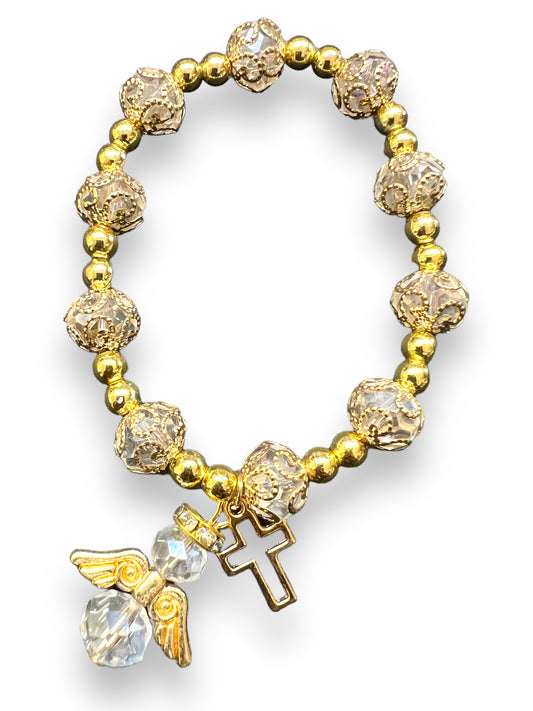 BRACELET: CAPPED GLASS WITH GOLDEN ANGEL & CROSS CHARMS