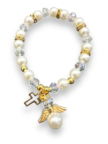 BRACELET: FAUX PEARL WITH ANGEL & CROSS CHARMS