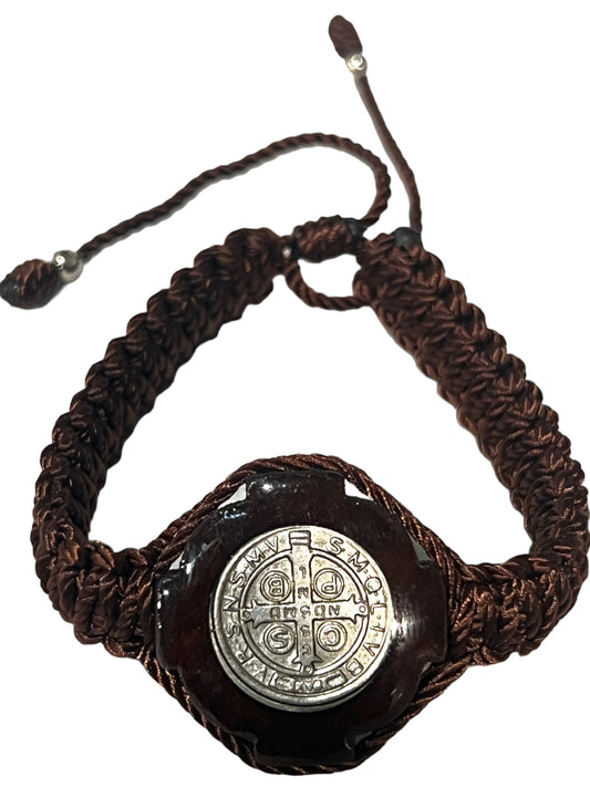 BRACELET: ST. BENEDICT -BROWN DOUBLE THREADED SILVER MEDAL