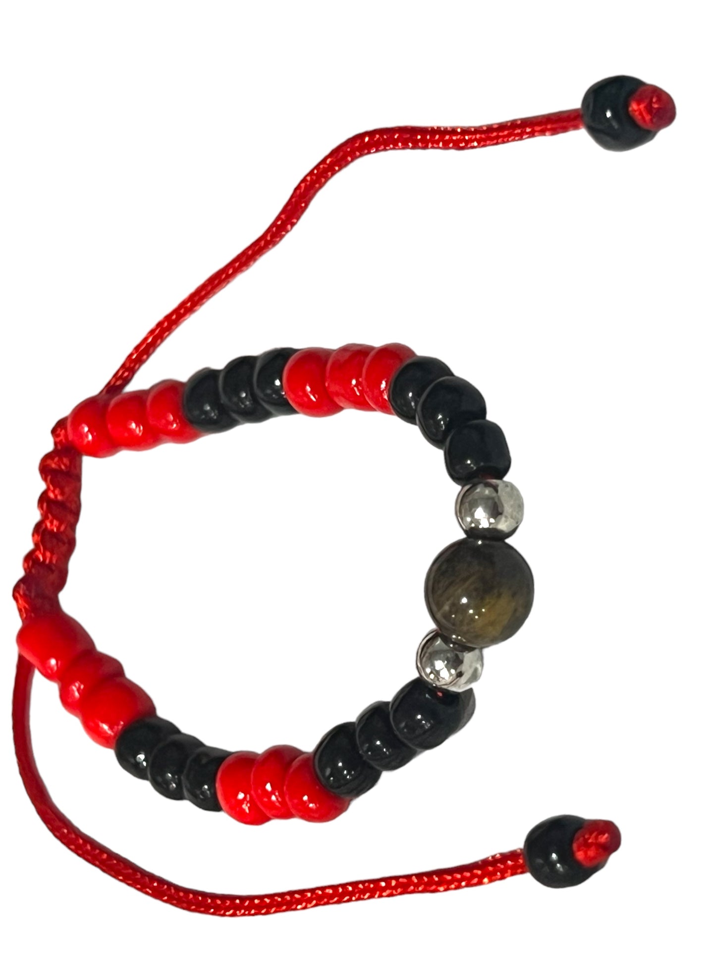 INFANT BRACELET: PLAIN RED & BLACK THREADED W/ TIGER EYE BEAD