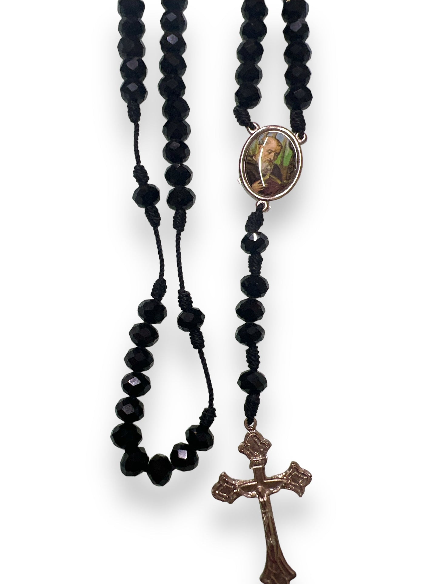 GLASS ROSARY W/ STRING: ST BENEDICT -BLACK