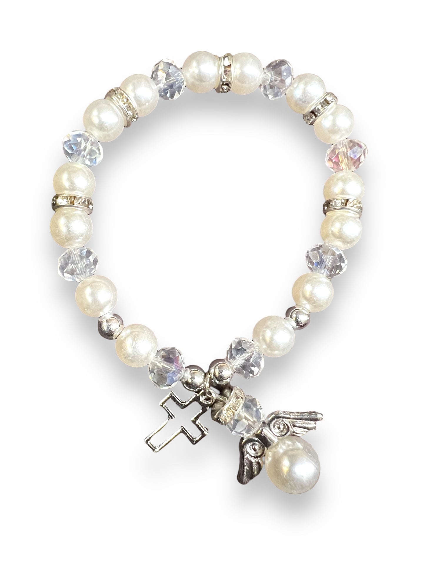 BRACELET: FAUX PEARL WITH ANGEL & CROSS CHARMS