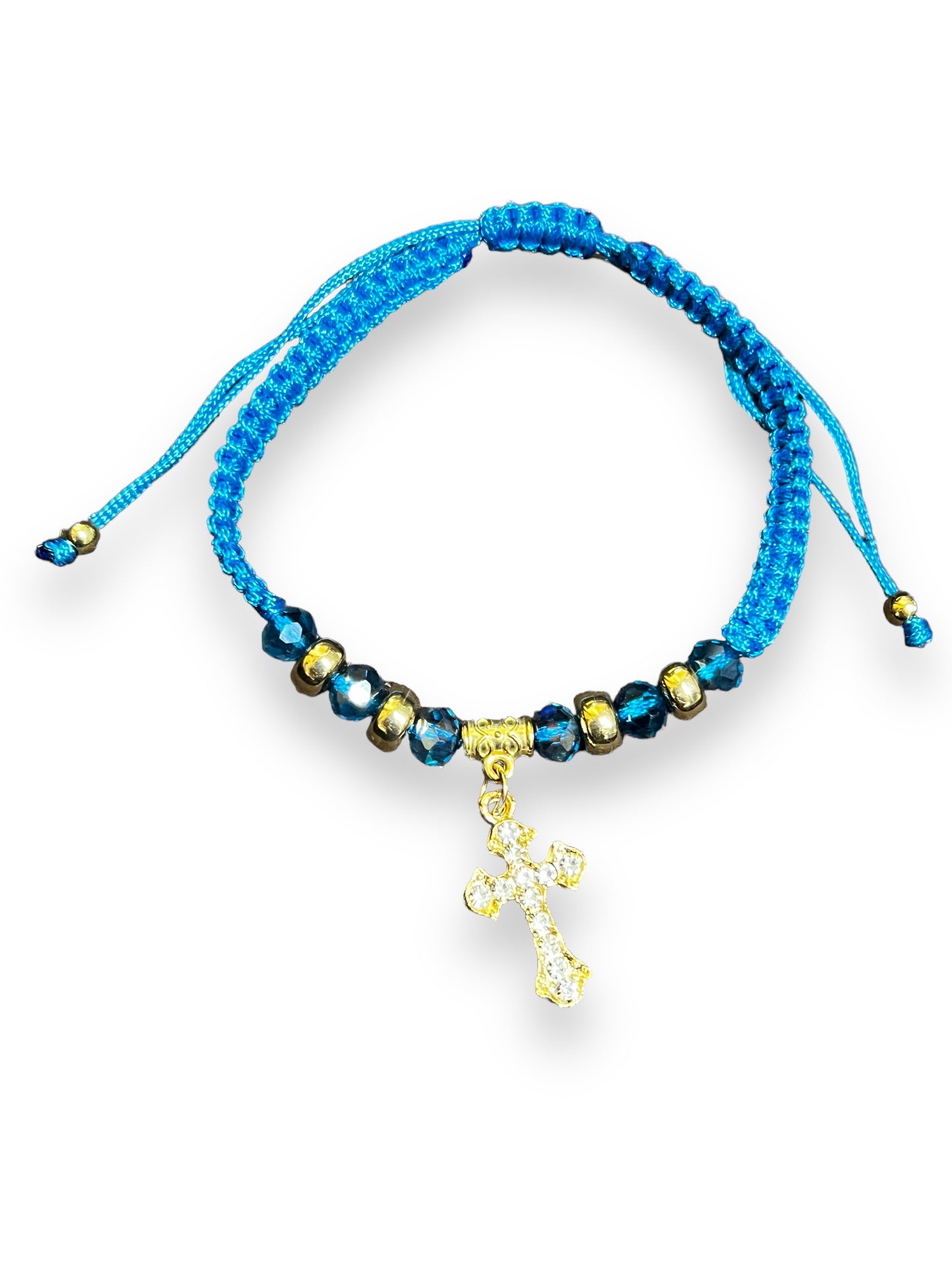 BRACELET: PEACOCK BLUE THREADED W/ CROSS CHARM