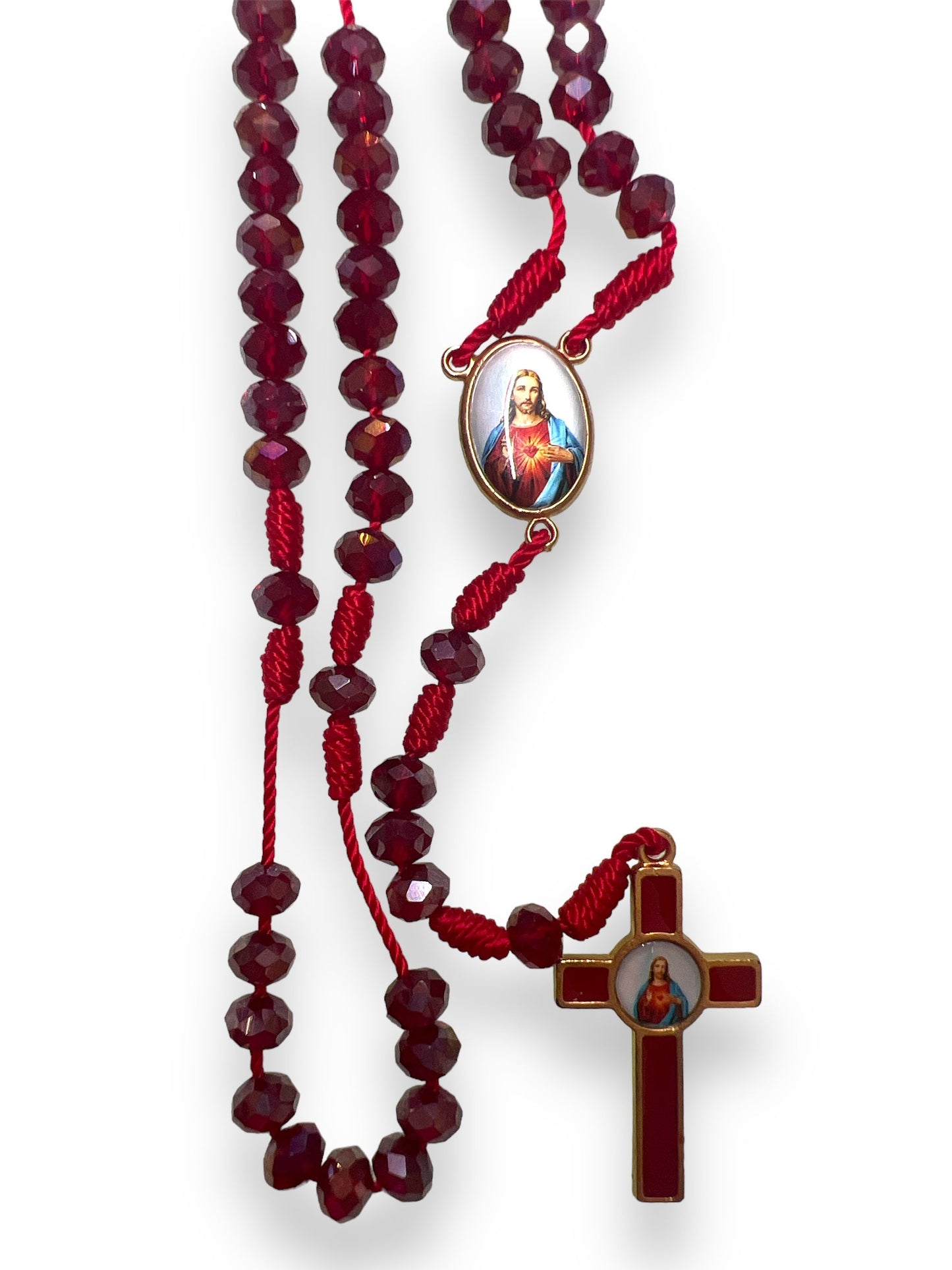 GLASS ROSARY W/ STRING: SACRED HEART -RED