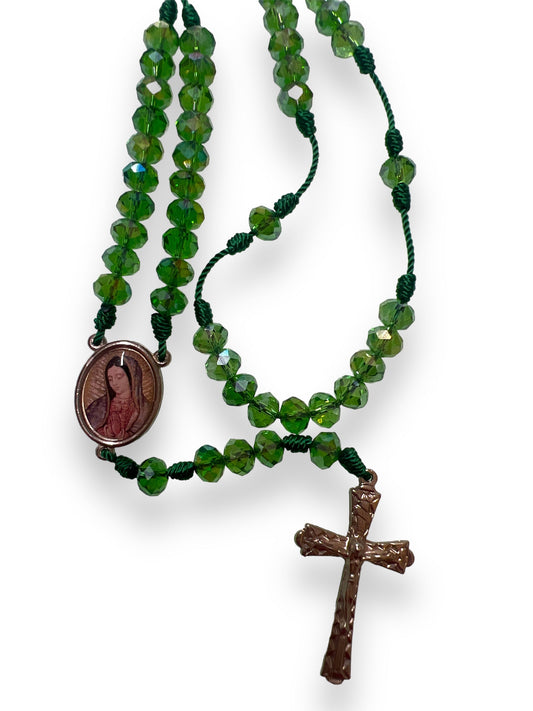 GLASS ROSARY W/ STRING: OUR LADY OF GUADALUPE -GREEN