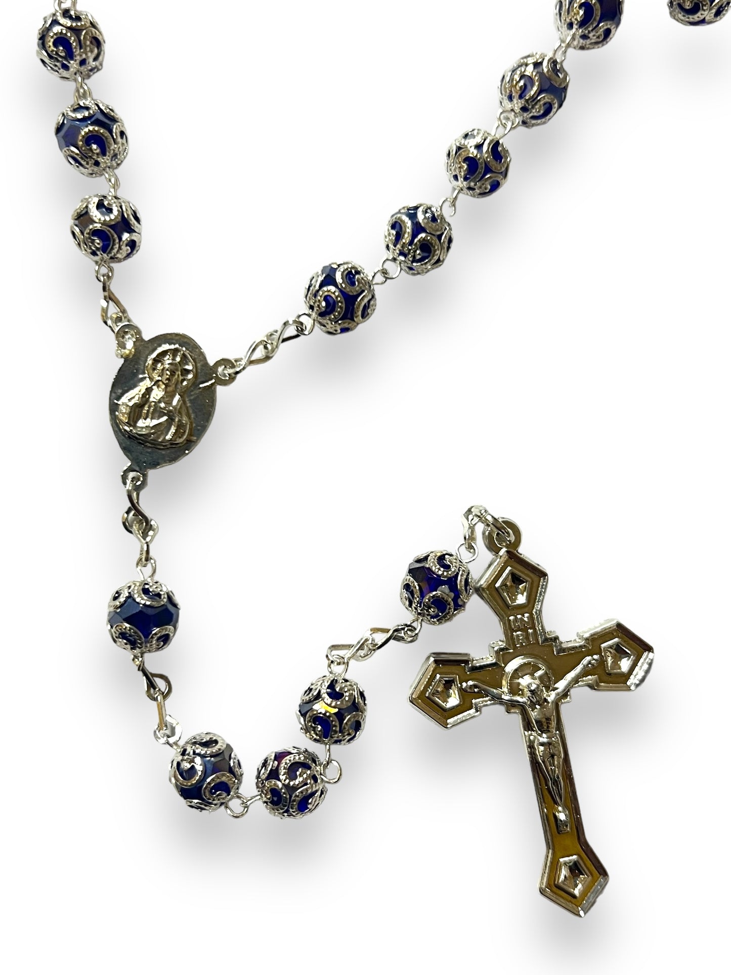 CRYSTAL CAPPED ROSARY: BLUE -OL GUADALUPE/SACRED HEART