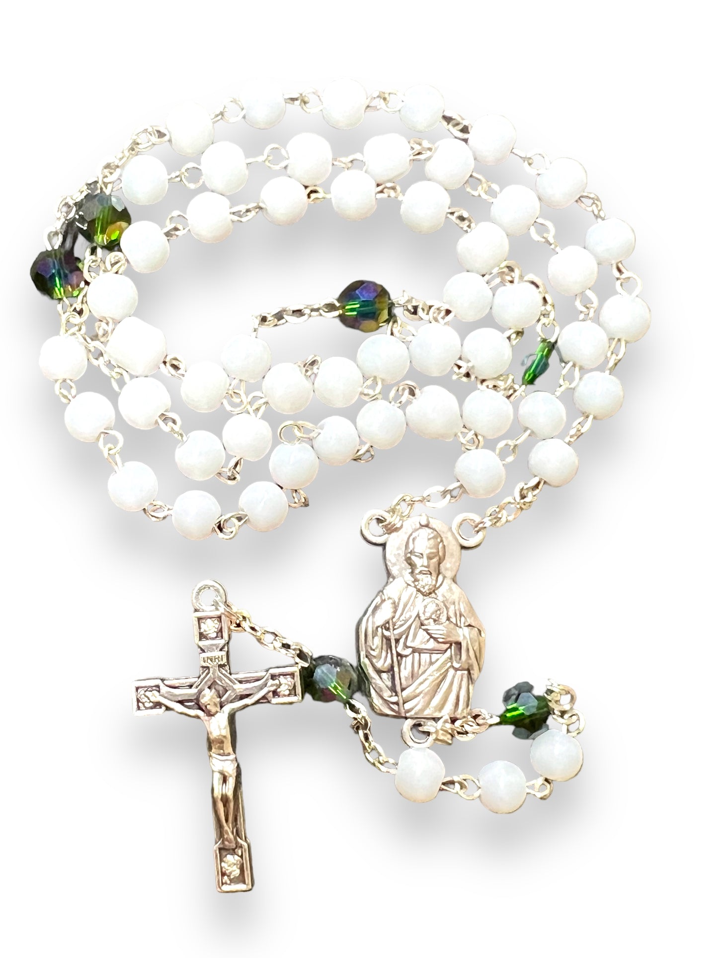 ROSARY: ST JUDE WHITE W/ GREEN BEADS